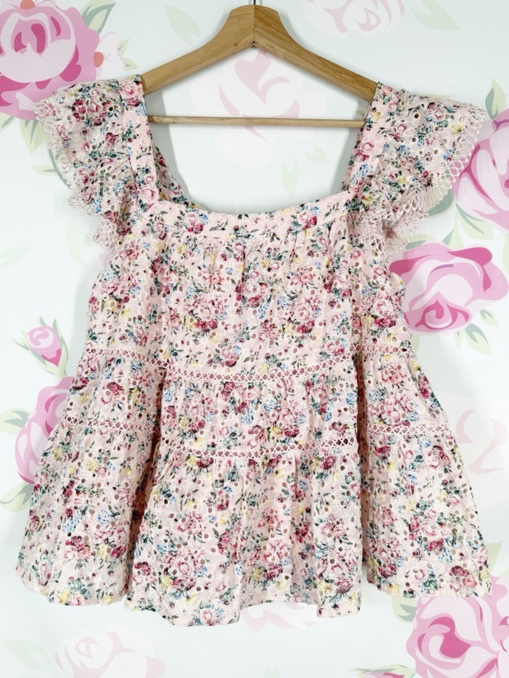 NWT Francesca's Pink Floral Lace-Trim Tiered Peplum Spring Summer Blouse M